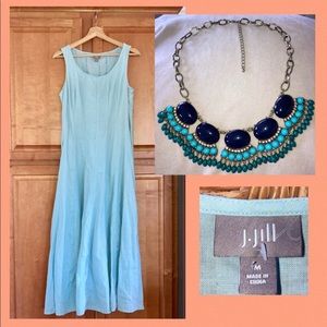 Lot J.Jill Dress & Necklace Linen Aqua / Sea Glass / Turquoise M euc